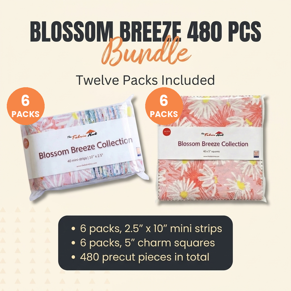 Blossom Breeze 480 piece bundle by The Fabric Hut with 6 packs of 2.5 x 10 inch cotton mini strips and 6 packs of 5 inch charm squares