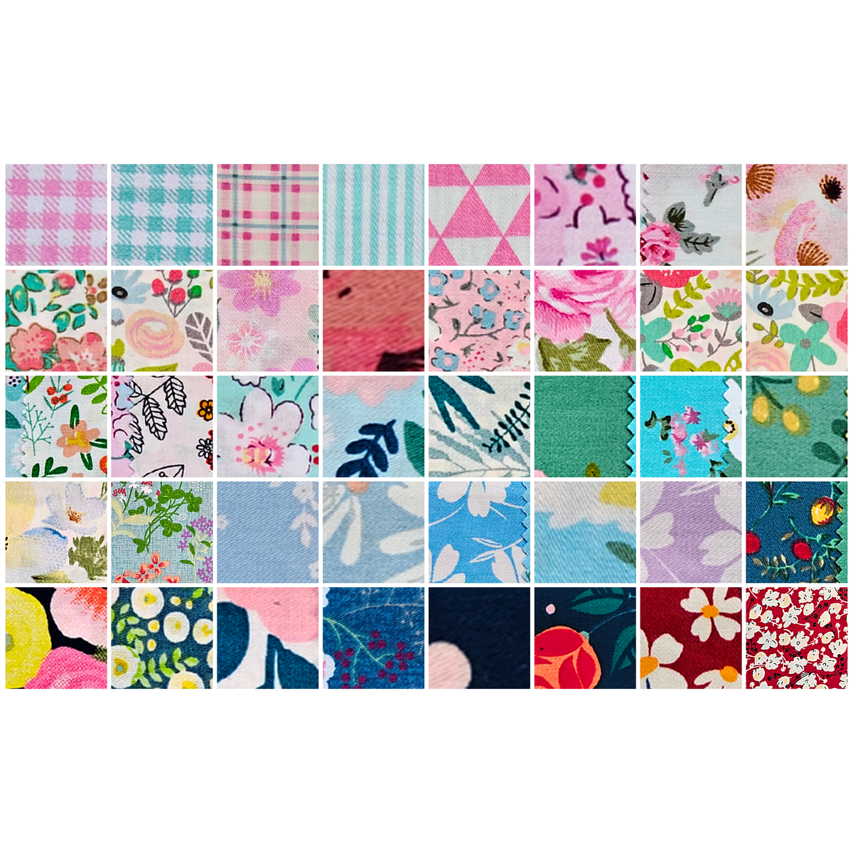 Blossom Breeze Collection - all 40 fabric prints, 5 inch cotton charm squares shown flat - The Fabric Hut