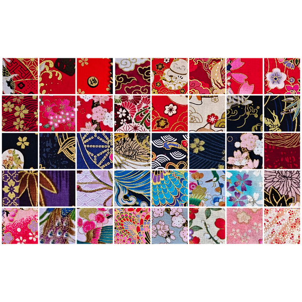 Crimson Garden Collection - all 40 fabric prints, 5 inch cotton charm squares shown flat - The Fabric Hut