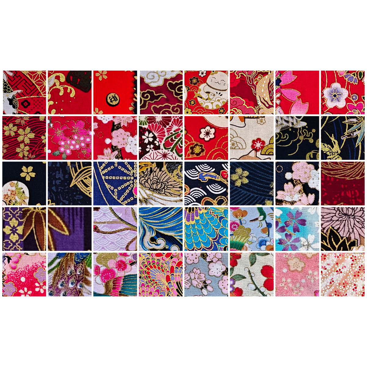 Crimson Garden Collection - all 40 fabric prints, 5 inch cotton charm squares shown flat - The Fabric Hut