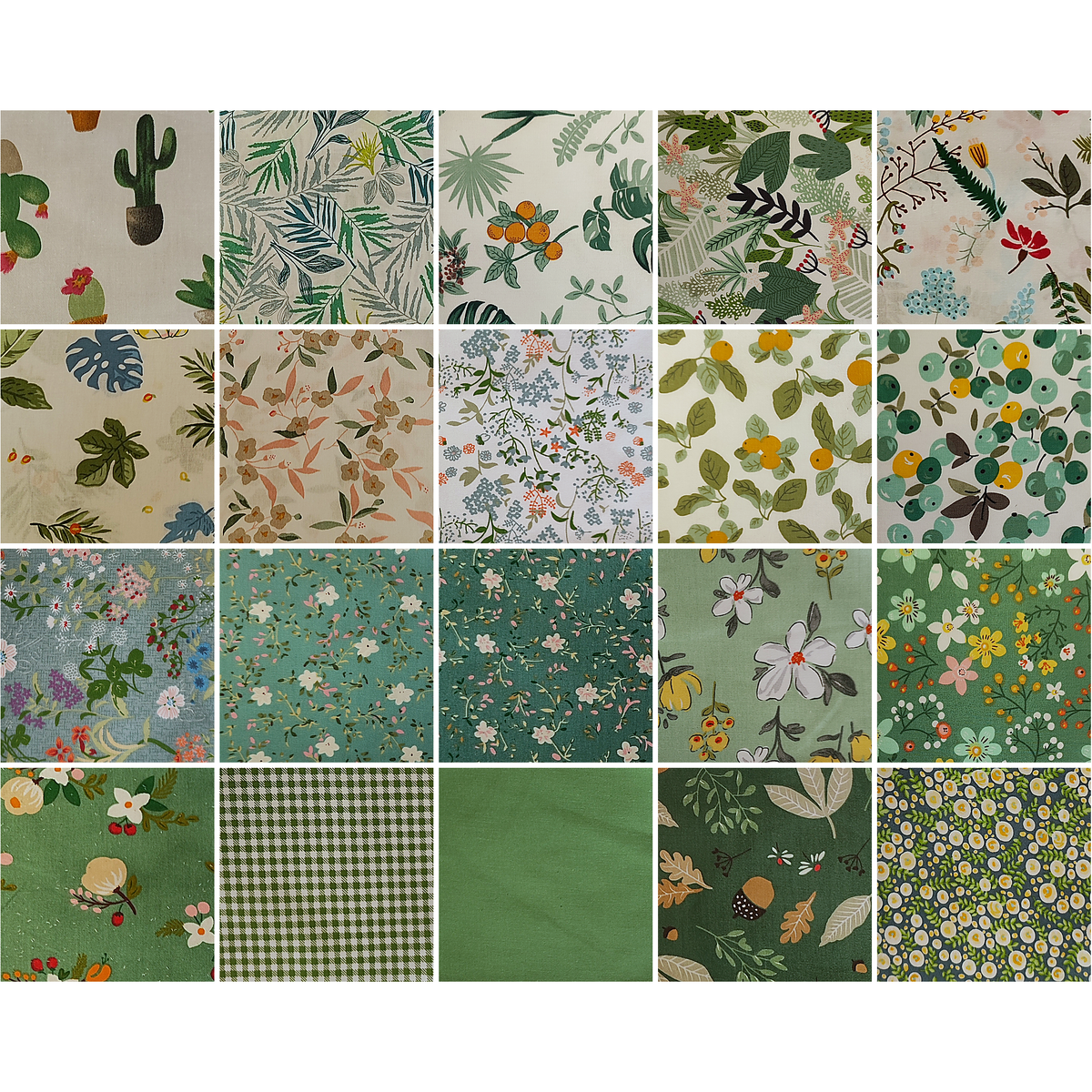 Morning Mist Collection - all 20 fabric prints, 5 inch cotton charm squares shown flat - The Fabric Hut