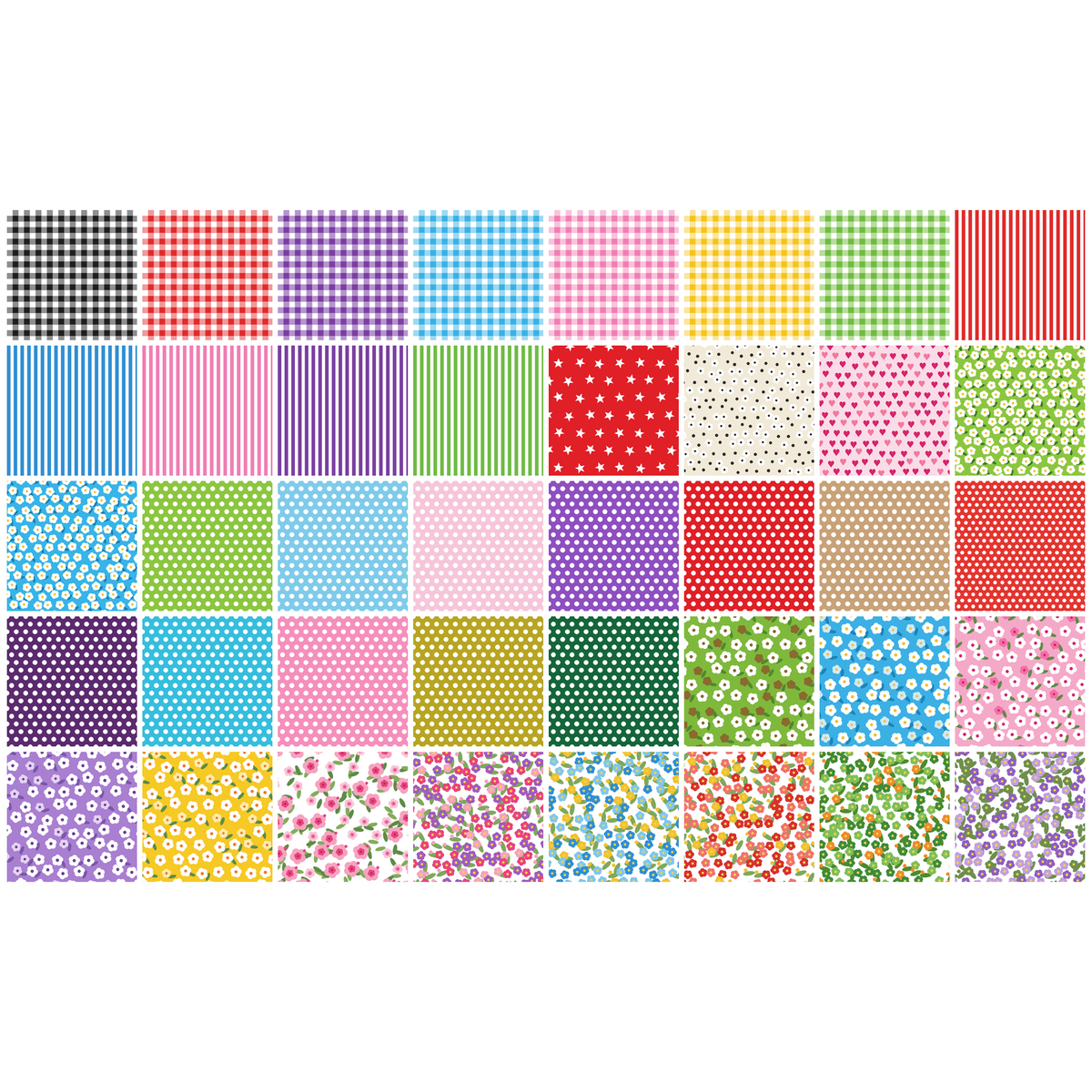 Patchwork Carnival Collection - all 40 fabric prints, 5 inch cotton charm squares shown flat - The Fabric Hut