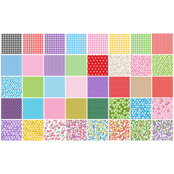 Patchwork Carnival Collection - all 40 fabric prints, 5 inch cotton charm squares shown flat - The Fabric Hut