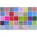 Patchwork Carnival Collection - all 40 fabric prints, 5 inch cotton charm squares shown flat - The Fabric Hut