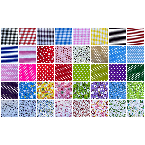 Patchwork Carnival Collection - all 40 fabric prints, 5 inch cotton charm squares shown flat - The Fabric Hut