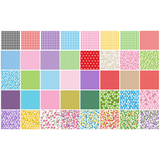 Patchwork Carnival Collection - all 40 fabric prints, 5 inch cotton charm squares shown flat - The Fabric Hut