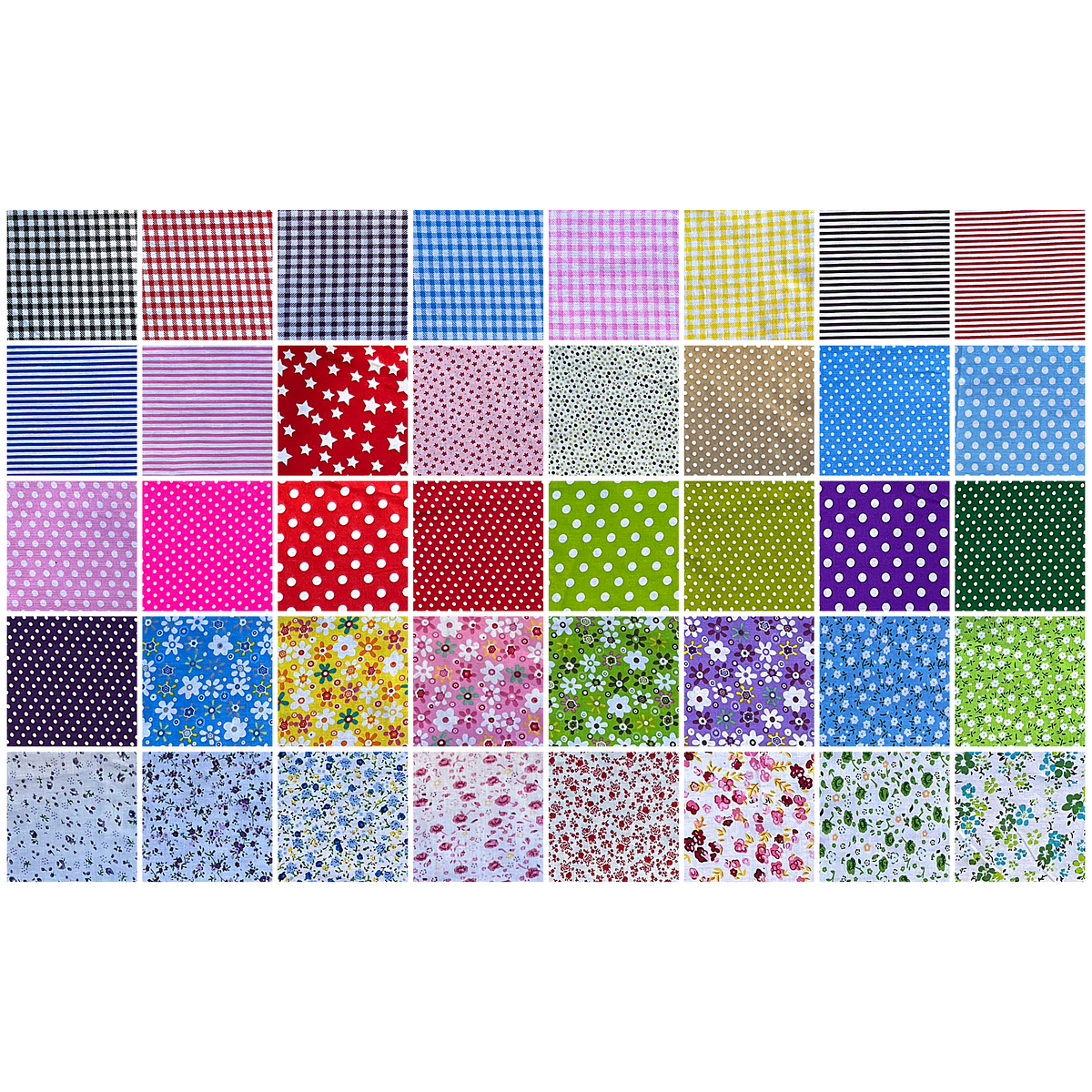 Patchwork Carnival Collection - all 40 fabric prints, 5 inch cotton charm squares shown flat - The Fabric Hut