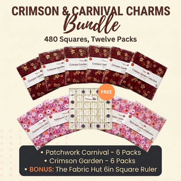 Crimson and Carnival Charms Bundle, 480 precut 5 inch cotton squares in twelve packs of 40 from the Patchwork Carnival and Crimson Garden collections, with a free The Fabric Hut 6 inch square quilting ruler