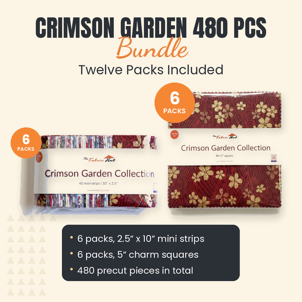 Crimson Garden 480 piece bundle by The Fabric Hut with 6 packs of 2.5 x 10 inch cotton mini strips and 6 packs of 5 inch charm squares
