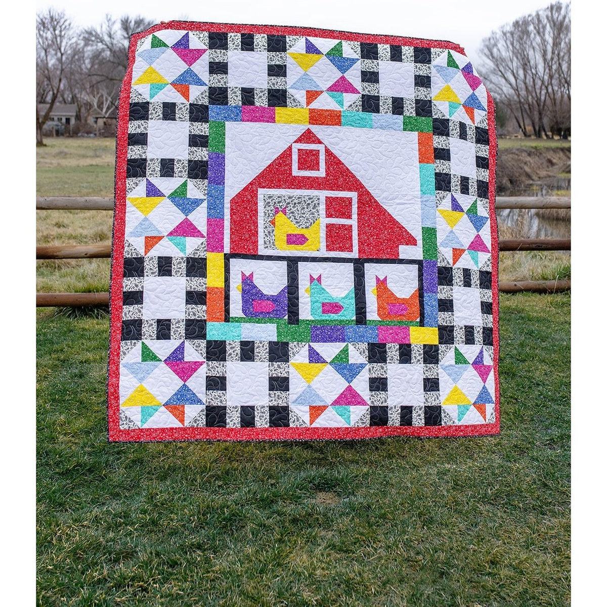 The Hen House Pre-Cut Ready-To-Sew Quilt Kit Fabric Pattern, Backing and Binding Included ALL PRE CUT 74 X 74