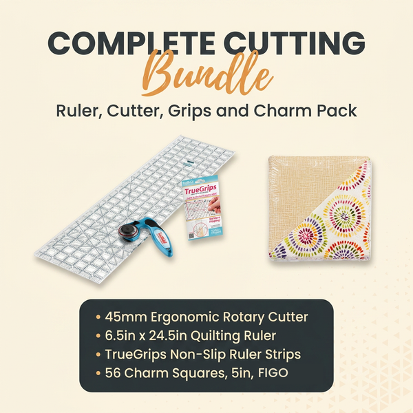 Meadowlands Quilters Combo by The Fabric Hut with TrueCut ruler, 45mm rotary cutter, TrueGrips strips and a 56 piece charm pack