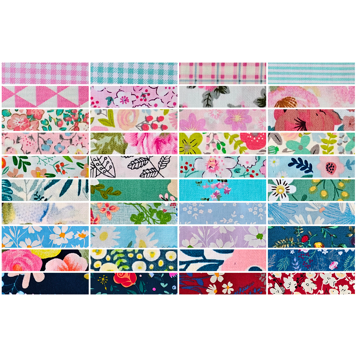 Blossom Breeze Collection - all 40 fabric prints, 2.5 x 10 inch cotton strips shown flat - The Fabric Hut