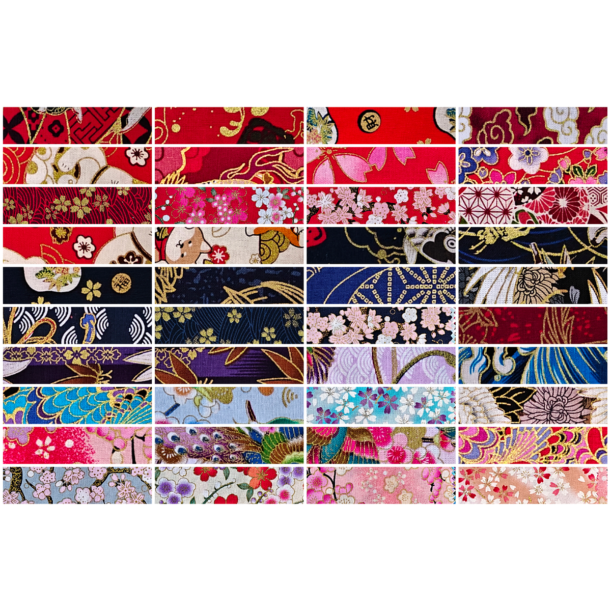 40-Piece Cotton 2.5" x 10" Mini Strips Crimson Garden Collection - all 40 fabric prints shown as flat swatches in a grid