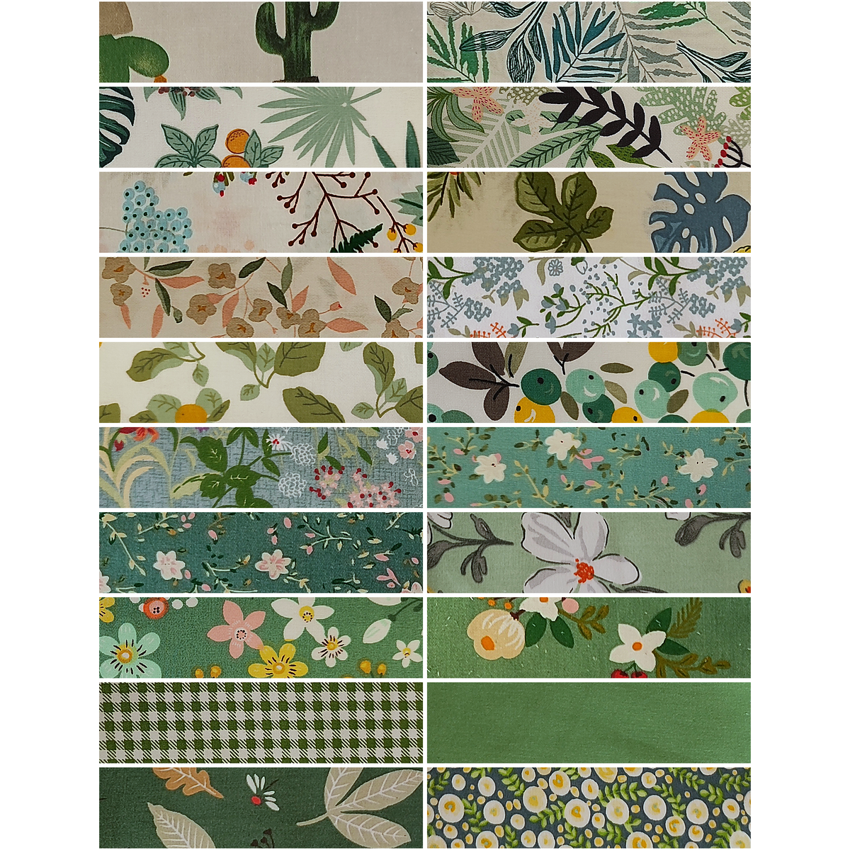 Morning Mist Collection - all 20 fabric prints, 2.5 x 10 inch cotton strips shown flat - The Fabric Hut