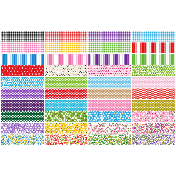 Patchwork Carnival Collection - all 40 fabric prints, 2.5 x 10 inch cotton strips shown flat - The Fabric Hut