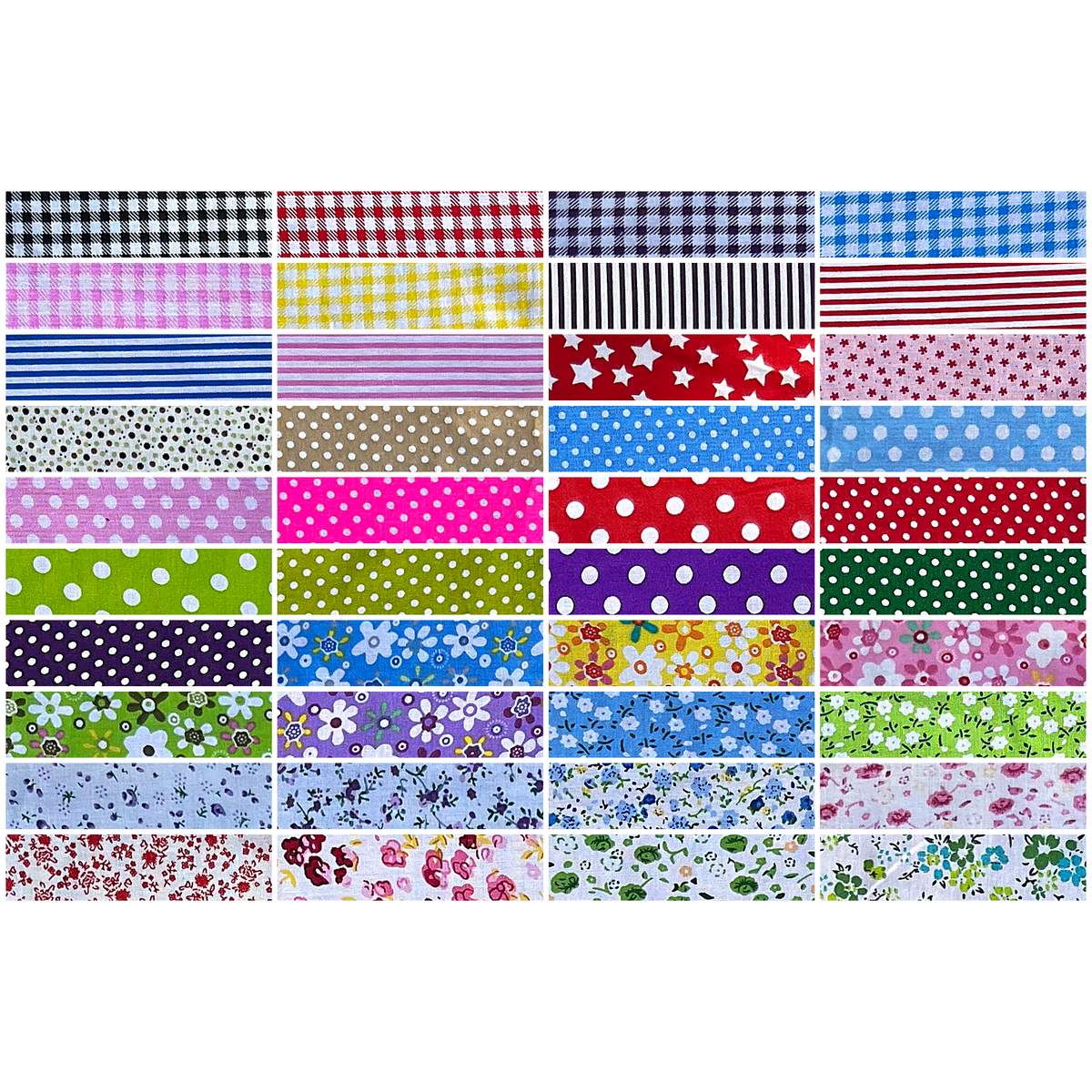 Patchwork Carnival Collection - all 40 fabric prints, 2.5 x 10 inch cotton strips shown flat - The Fabric Hut