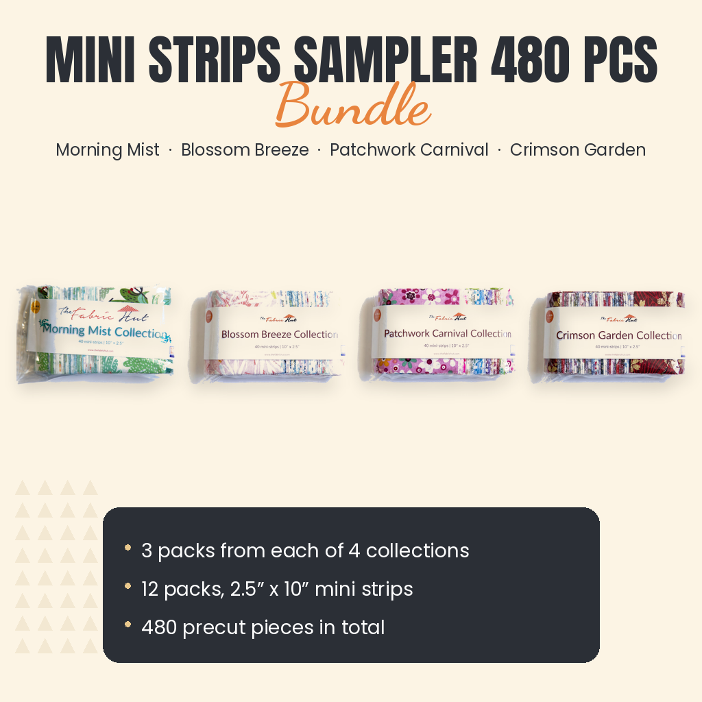 Mini strips sampler bundle by The Fabric Hut, 12 packs of 40 with three packs each from Morning Mist, Blossom Breeze, Patchwork Carnival and Crimson Garden