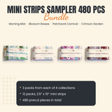Mini strips sampler bundle by The Fabric Hut, 12 packs of 40 with three packs each from Morning Mist, Blossom Breeze, Patchwork Carnival and Crimson Garden