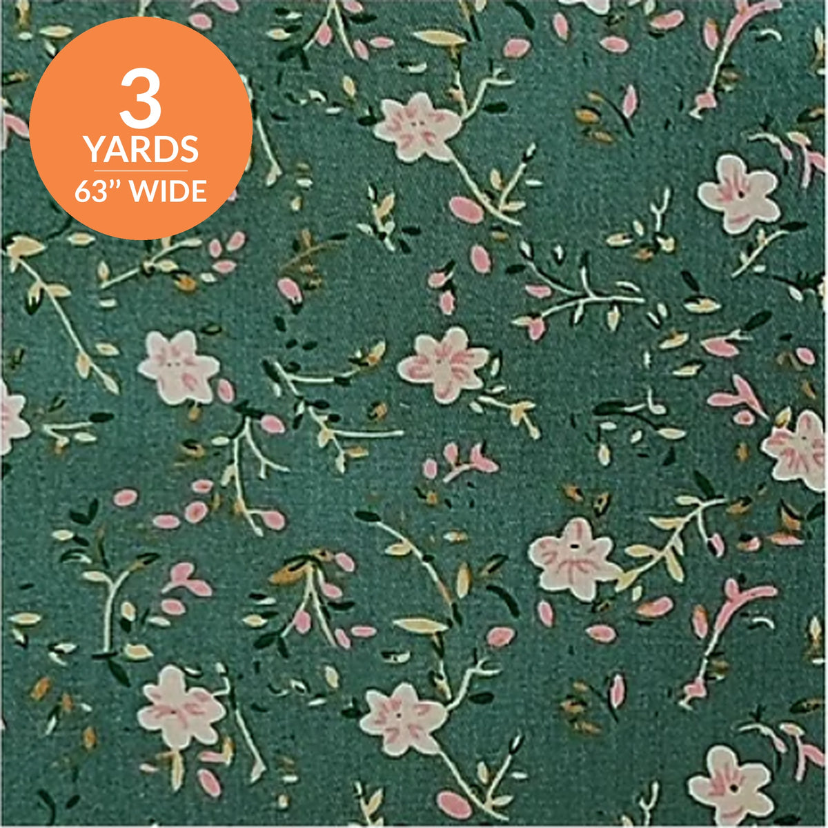 Green Floral Cotton Fabric by the Yard 63'' Wide 3 Yard Cut Dewfall Morning Mist Collection - close up of the blush and cream floral print on deep green cotton with a 3 yards 63 inch wide seal - photo 1 of 2 - The Fabric Hut