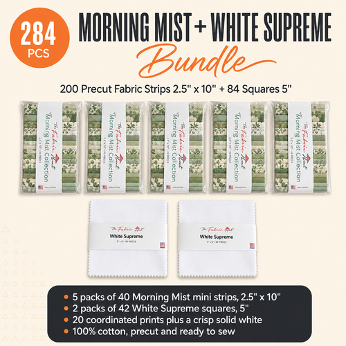 Morning Mist + White Supreme Bundle 284pcs - 200 Precut Fabric Strips 2.5" x 10" + 84 Squares 5" - 5 packs of Morning Mist mini strips and 2 packs of White Supreme squares - photo 1 of 5 - The Fabric Hut