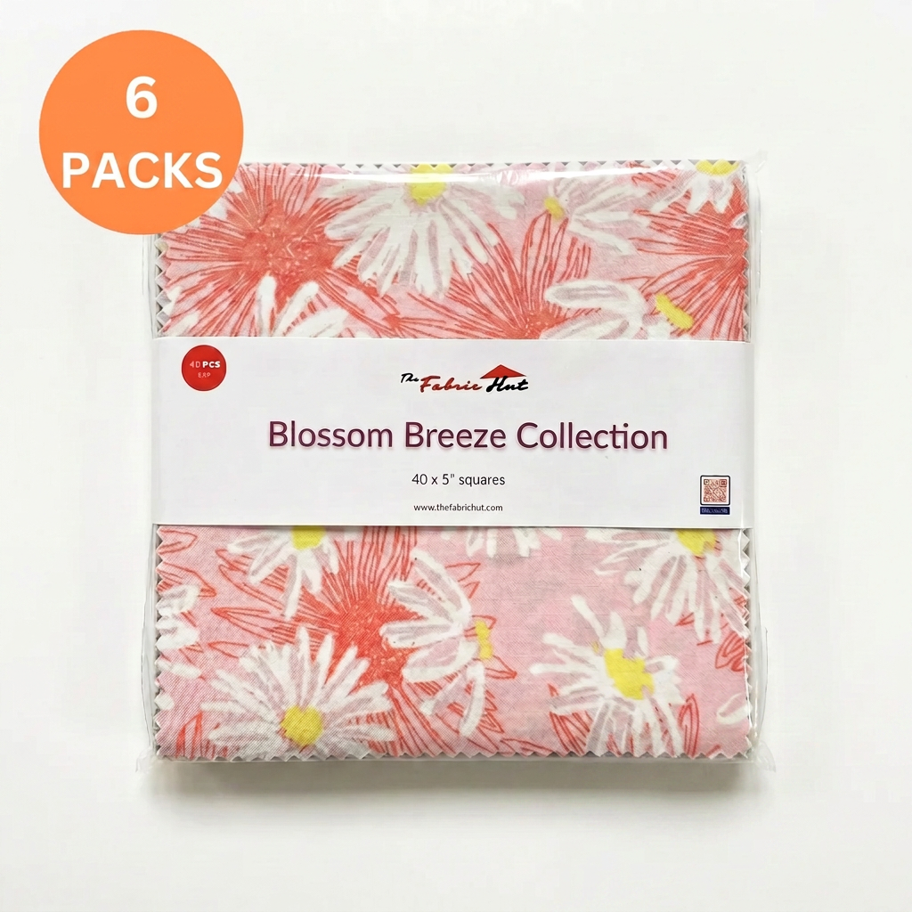 Blossom Breeze 5 inch charm squares fanned out to show the floral, check and near solid prints