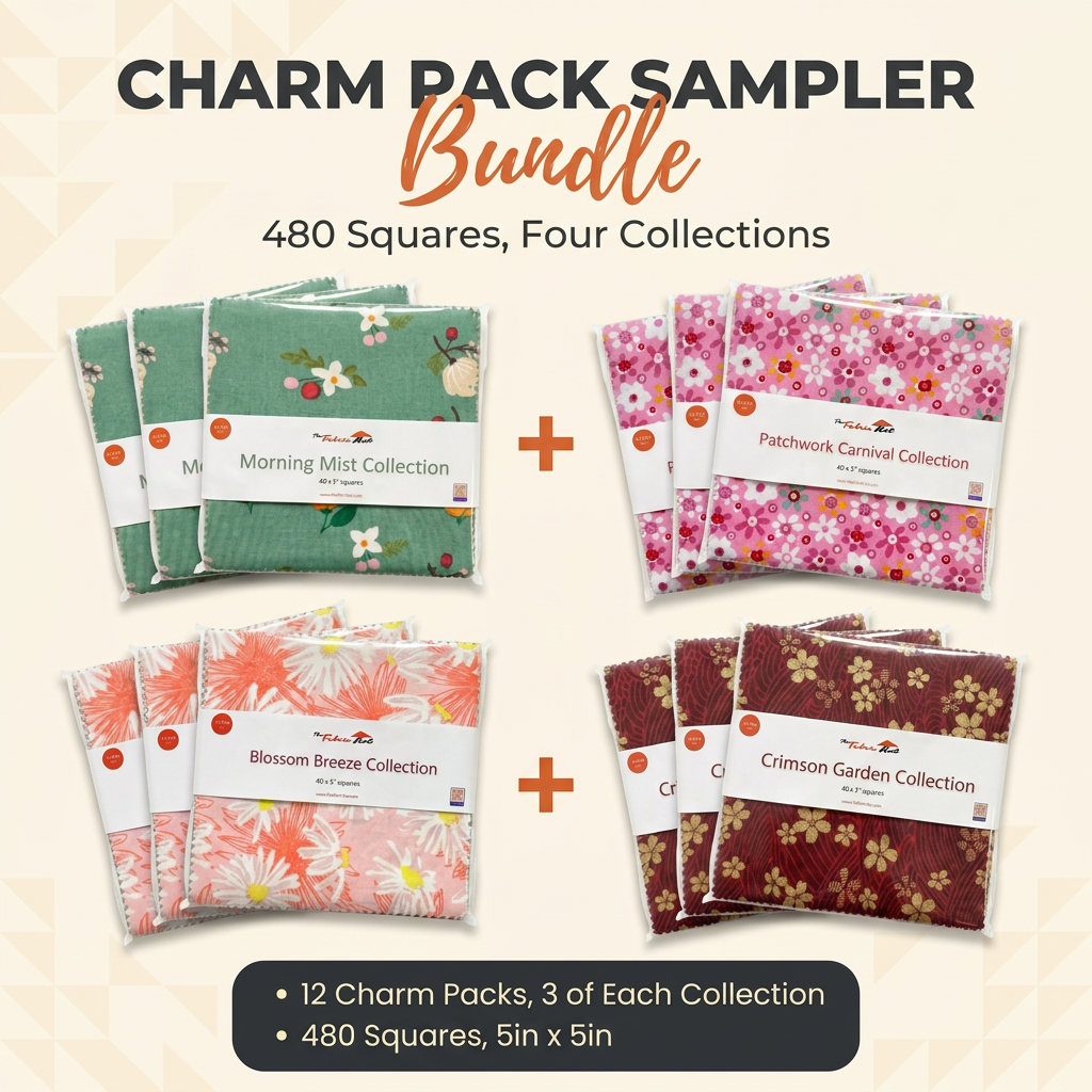 Charm Pack Sampler Bundle 480pcs - 12 Packs of 40, 5" Squares - Morning Mist, Blossom Breeze, Patchwork Carnival, Crimson Garden