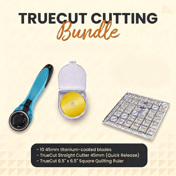TrueCut Cutting Bundle: 10 x 45mm Titanium Blades, Straight Cutter 45mm (Quick Release) and TrueCut 6.5" Square Ruler