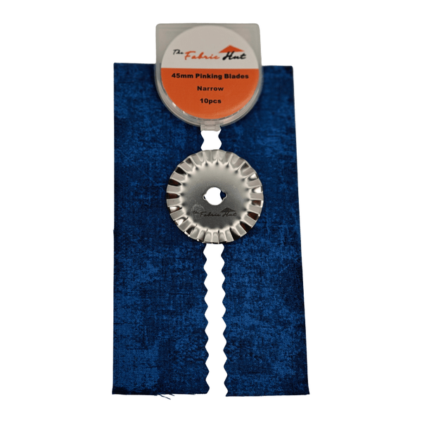 Pinking Blade Narrow, pack of 10 45mm rotary blades with a tight zigzag cutting edge, shown with the clear storage case - The Fabric Hut