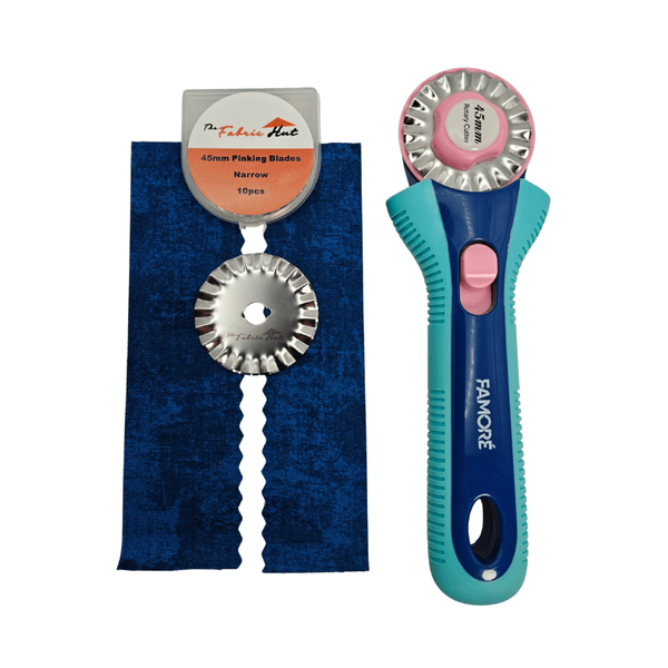 Pinking Blade Narrow, pack of 10 45mm rotary blades with a tight zigzag cutting edge, shown with the clear storage case - The Fabric Hut
