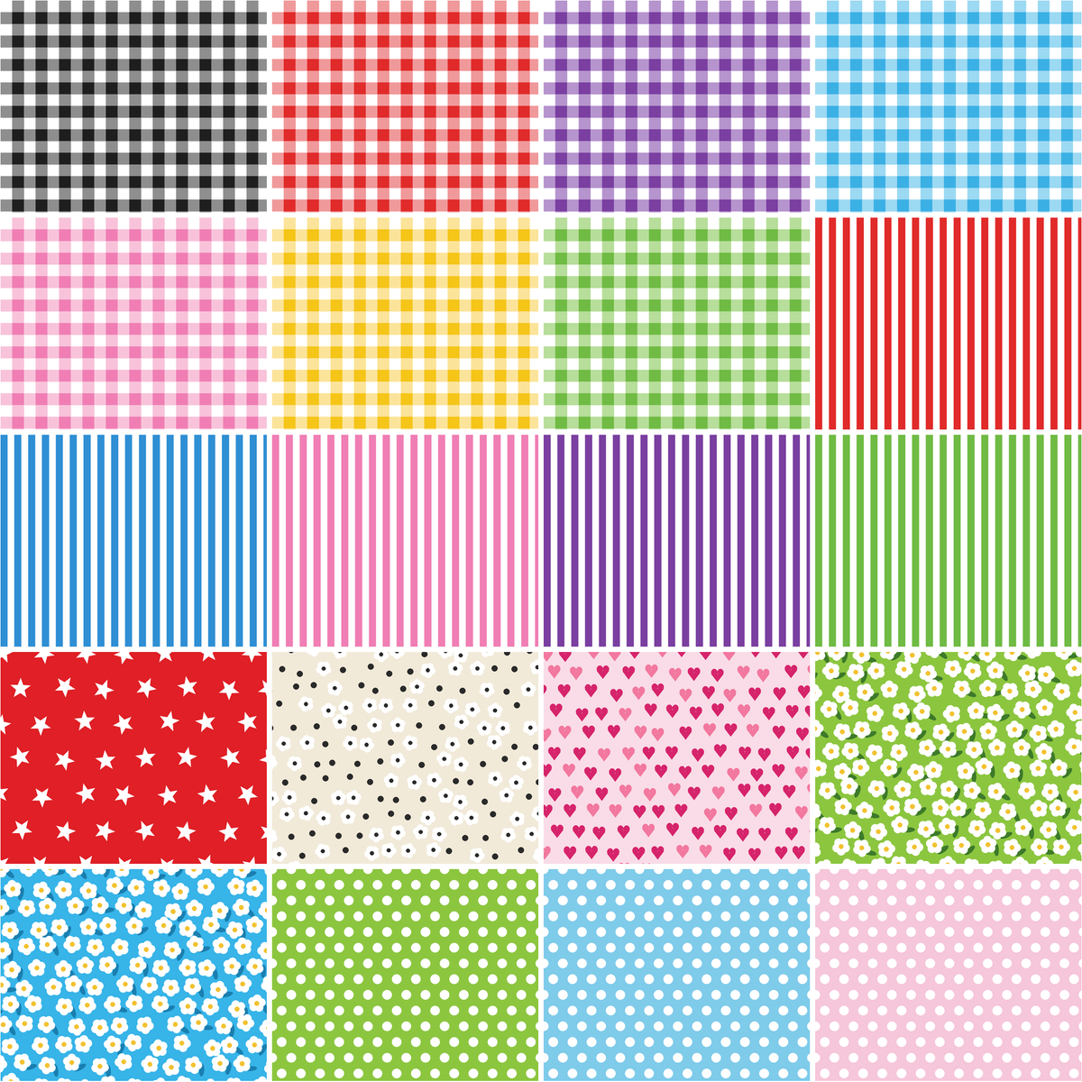 Patchwork Carnival Collection - fabric prints 1 to 20 of 40, shown flat and enlarged - The Fabric Hut
