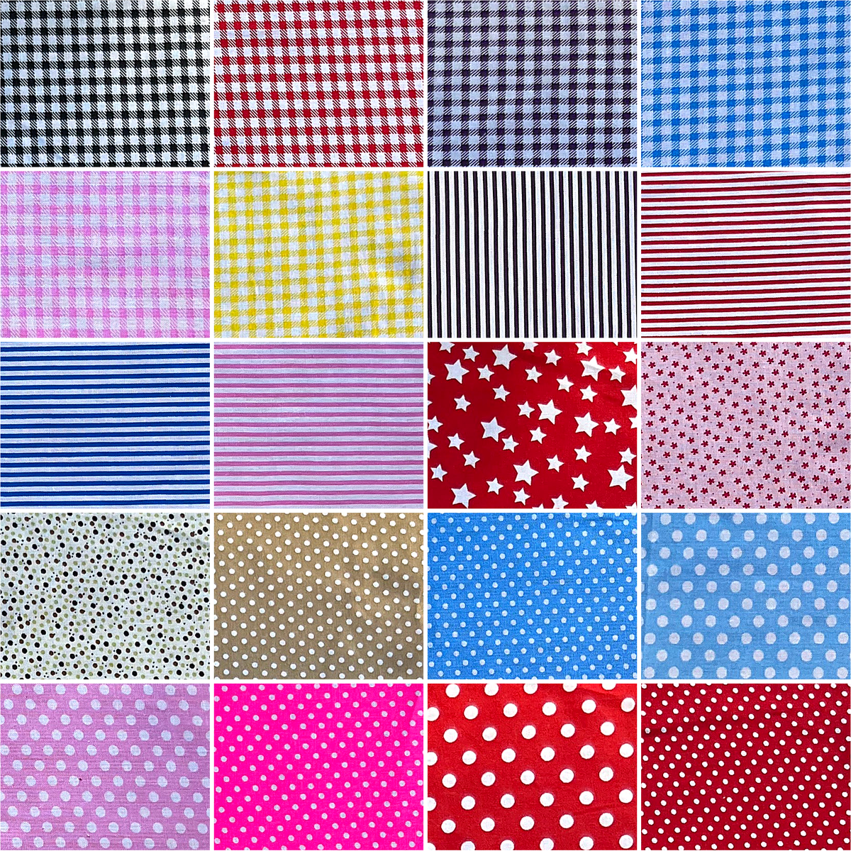 Patchwork Carnival Collection - fabric prints 1 to 20 of 40, shown flat and enlarged - The Fabric Hut