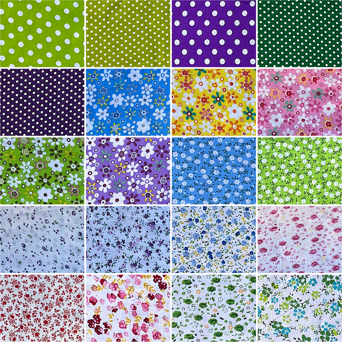 Patchwork Carnival Collection - fabric prints 21 to 40 of 40, shown flat and enlarged - The Fabric Hut