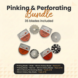 Pinking and Perforating Bundle with 35 45mm rotary blades, five wide pinking, ten narrow pinking, ten perforating and ten skip blades in clear storage cases - The Fabric Hut