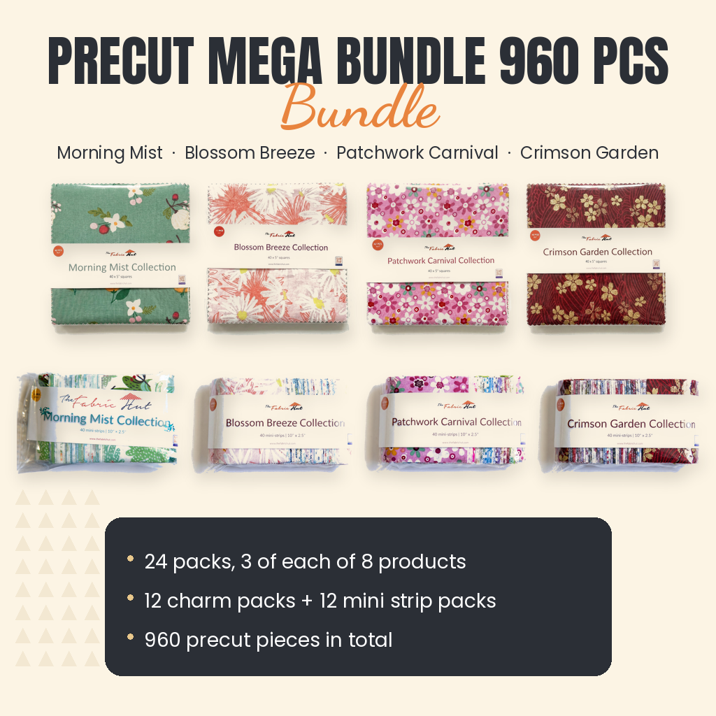 Precut mega bundle by The Fabric Hut, 24 packs of 40 with charm squares and mini strips from Morning Mist, Blossom Breeze, Patchwork Carnival and Crimson Garden