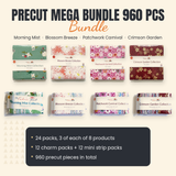 Precut mega bundle by The Fabric Hut, 24 packs of 40 with charm squares and mini strips from Morning Mist, Blossom Breeze, Patchwork Carnival and Crimson Garden