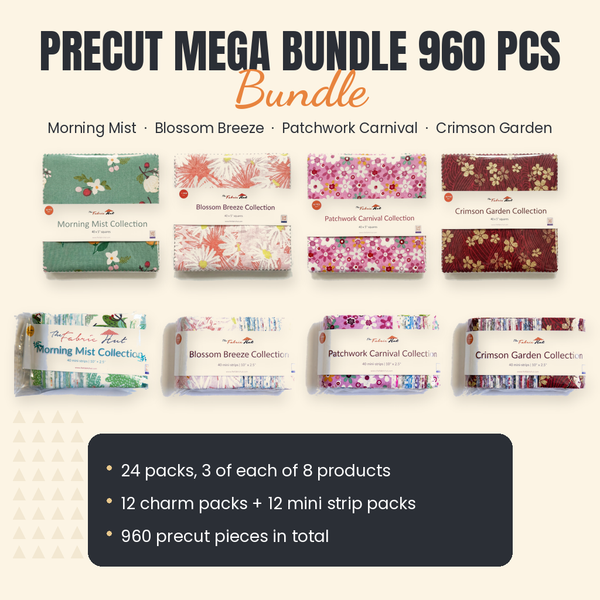 Precut mega bundle by The Fabric Hut, 24 packs of 40 with charm squares and mini strips from Morning Mist, Blossom Breeze, Patchwork Carnival and Crimson Garden