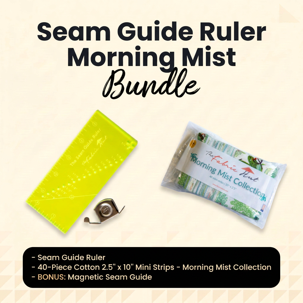 Seam Guide Ruler Bundle by The Fabric Hut: seam guide ruler, free magnetic seam guide and a 40-piece pack of 2.5 inch x 10 inch cotton mini strips in the Morning Mist Collection