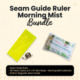 Seam Guide Ruler Bundle by The Fabric Hut: seam guide ruler, free magnetic seam guide and a 40-piece pack of 2.5 inch x 10 inch cotton mini strips in the Morning Mist Collection