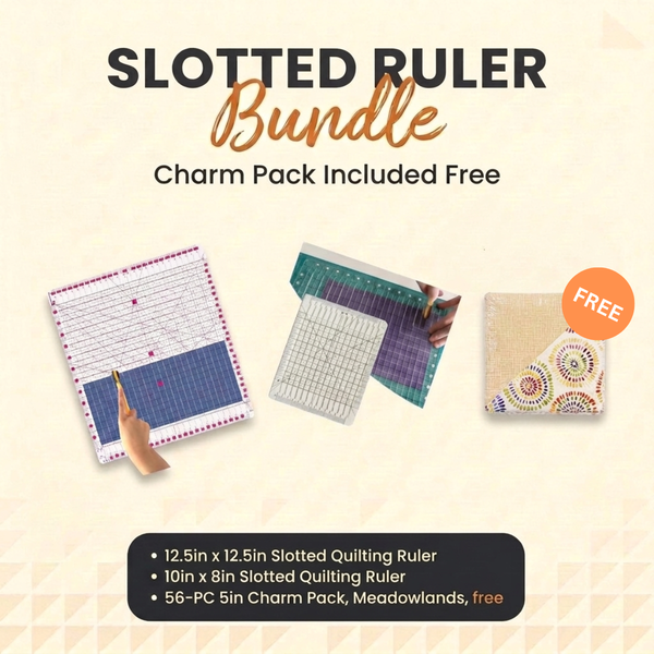 Slotted Quilting Ruler Bundle with a 12.5 inch square ruler, a 10 by 8 inch ruler and a free 56 piece 5 inch Meadowlands charm pack - The Fabric Hut
