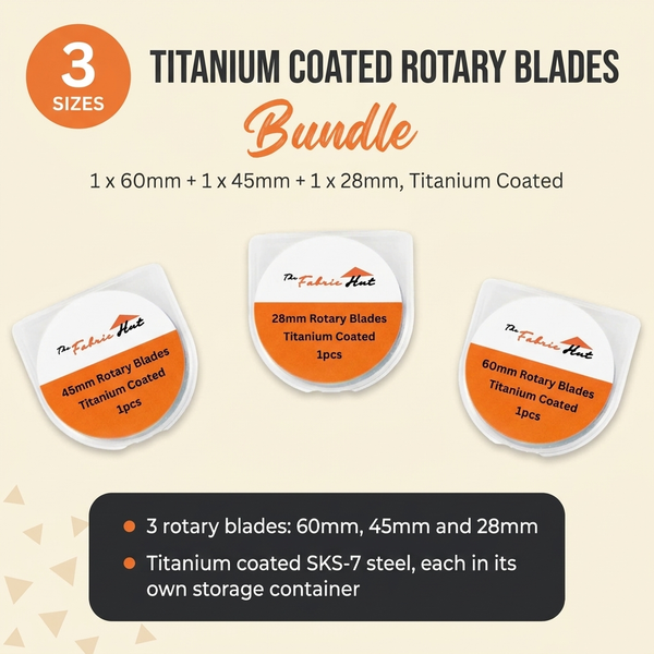 60mm + 45mm + 28mm Titanium Coated Rotary Cutter Blades Bundle, 1 of Each Size - three titanium coated rotary blades, 60mm, 45mm and 28mm, each in its storage container - The Fabric Hut