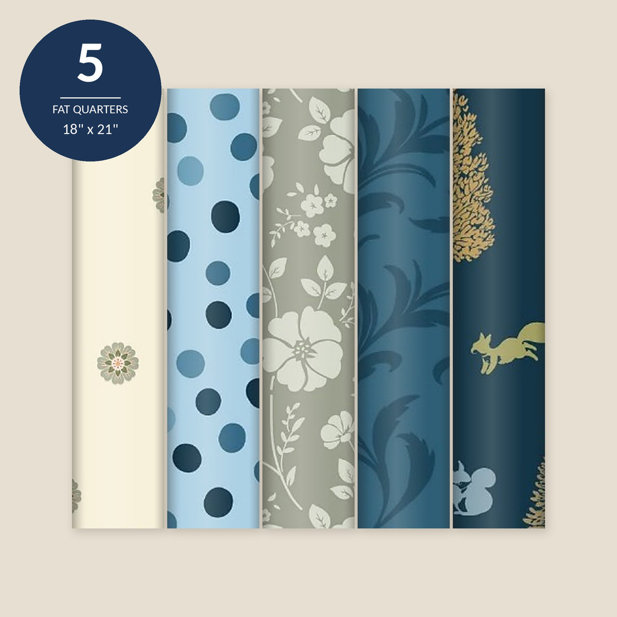 Blue and Cream Fat Quarter Bundle 5 Fat Quarters 18'' x 21'' Wilderness Delights Collection - the five folded fat quarters side by side, cream, blue dot, sage, teal and navy, with a 5 fat quarters 18 by 21 inch seal - photo 2 of 3 - The Fabric Hut