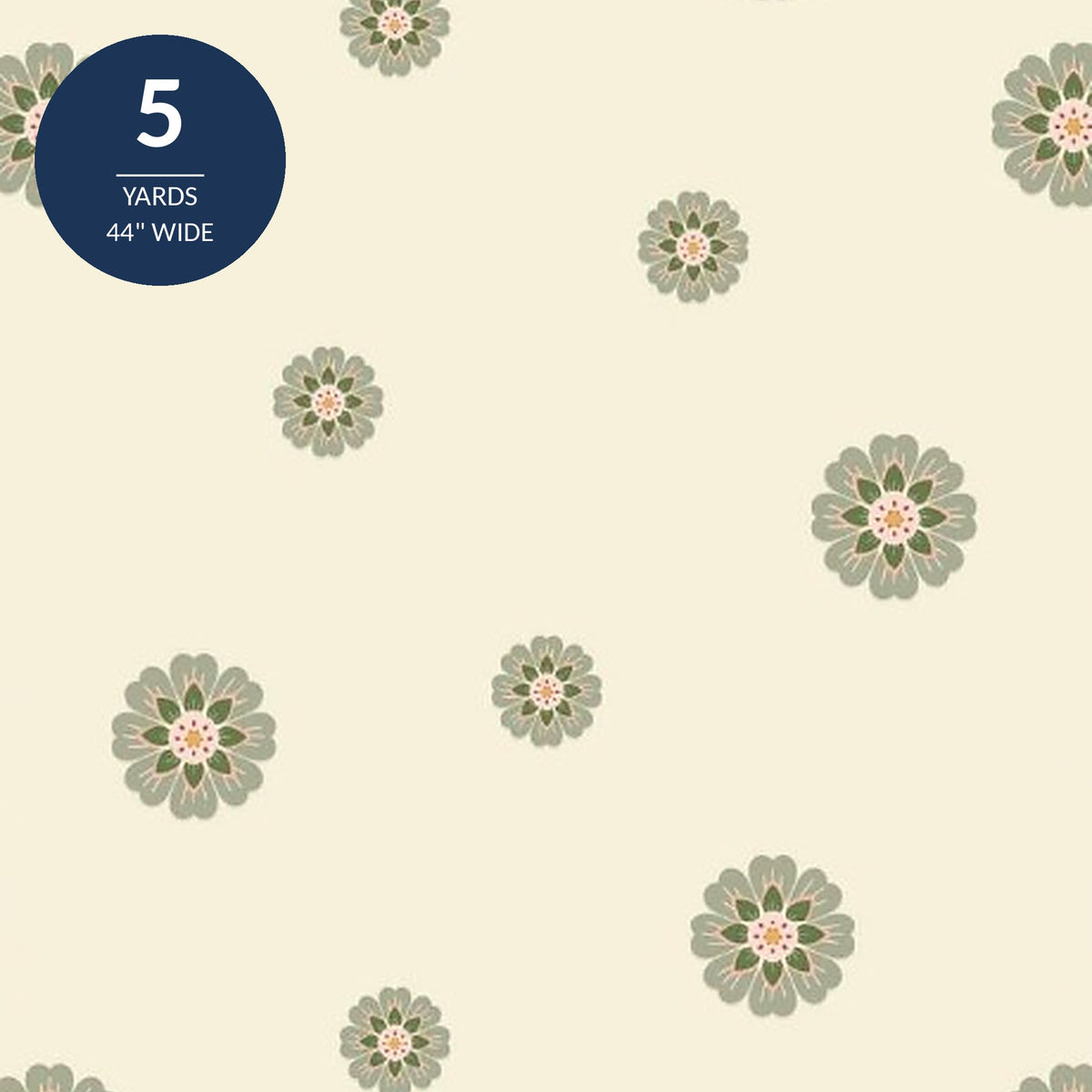 Cream Floral Cotton Fabric by the Yard 44'' Wide 5 Yard Cut Meadowsweet Wilderness Delights Collection - close up of the small sage green flowers scattered on cream cotton with a 5 yards 44 inch wide seal - photo 1 of 2 - The Fabric Hut