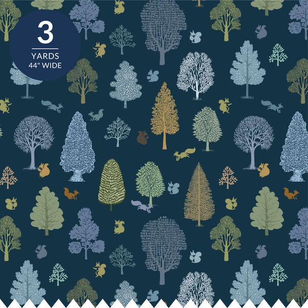 Navy Blue Forest Cotton Fabric by the Yard 44'' Wide 3 Yard Cut Nightwood Wilderness Delights Collection - close up of the trees, foxes and squirrels printed on deep navy cotton - photo 1 of 2 - The Fabric Hut