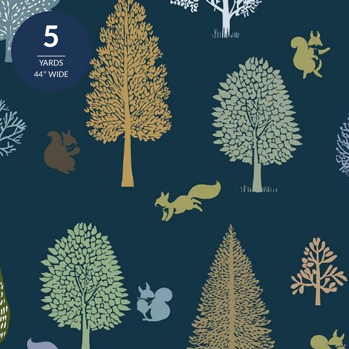 Navy Blue Forest Cotton Fabric by the Yard 44'' Wide 5 Yard Cut Nightwood Wilderness Delights Collection - close up of the trees foxes and squirrels printed on deep navy cotton with a 5 yards 44 inch wide seal - photo 1 of 2 - The Fabric Hut