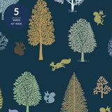 Navy Blue Forest Cotton Fabric by the Yard 44'' Wide 5 Yard Cut Nightwood Wilderness Delights Collection - close up of the trees foxes and squirrels printed on deep navy cotton with a 5 yards 44 inch wide seal - photo 1 of 2 - The Fabric Hut