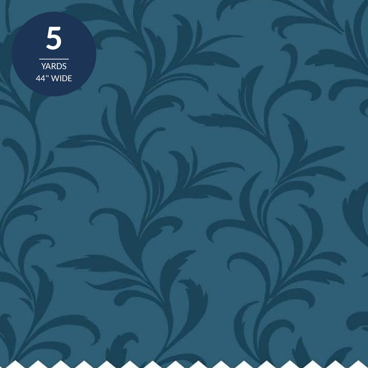 Teal Blue Leaf Cotton Fabric by the Yard 44'' Wide 5 Yard Cut Understory Wilderness Delights Collection - close up of the tonal leaf print on mid teal cotton with a 5 yards 44 inch wide seal - photo 1 of 2 - The Fabric Hut
