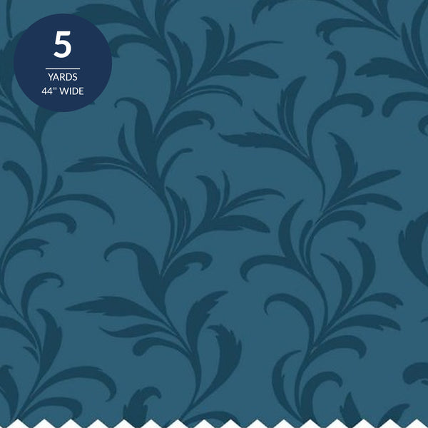 Teal Blue Leaf Cotton Fabric by the Yard 44'' Wide 5 Yard Cut Understory Wilderness Delights Collection - close up of the tonal leaf print on mid teal cotton with a 5 yards 44 inch wide seal - photo 1 of 2 - The Fabric Hut
