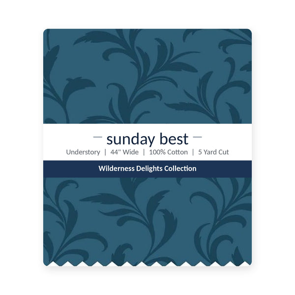 Teal Blue Leaf Cotton Fabric by the Yard 44'' Wide 5 Yard Cut Understory Wilderness Delights Collection - the folded 5 yard cut with the Sunday Best band - photo 2 of 2 - The Fabric Hut