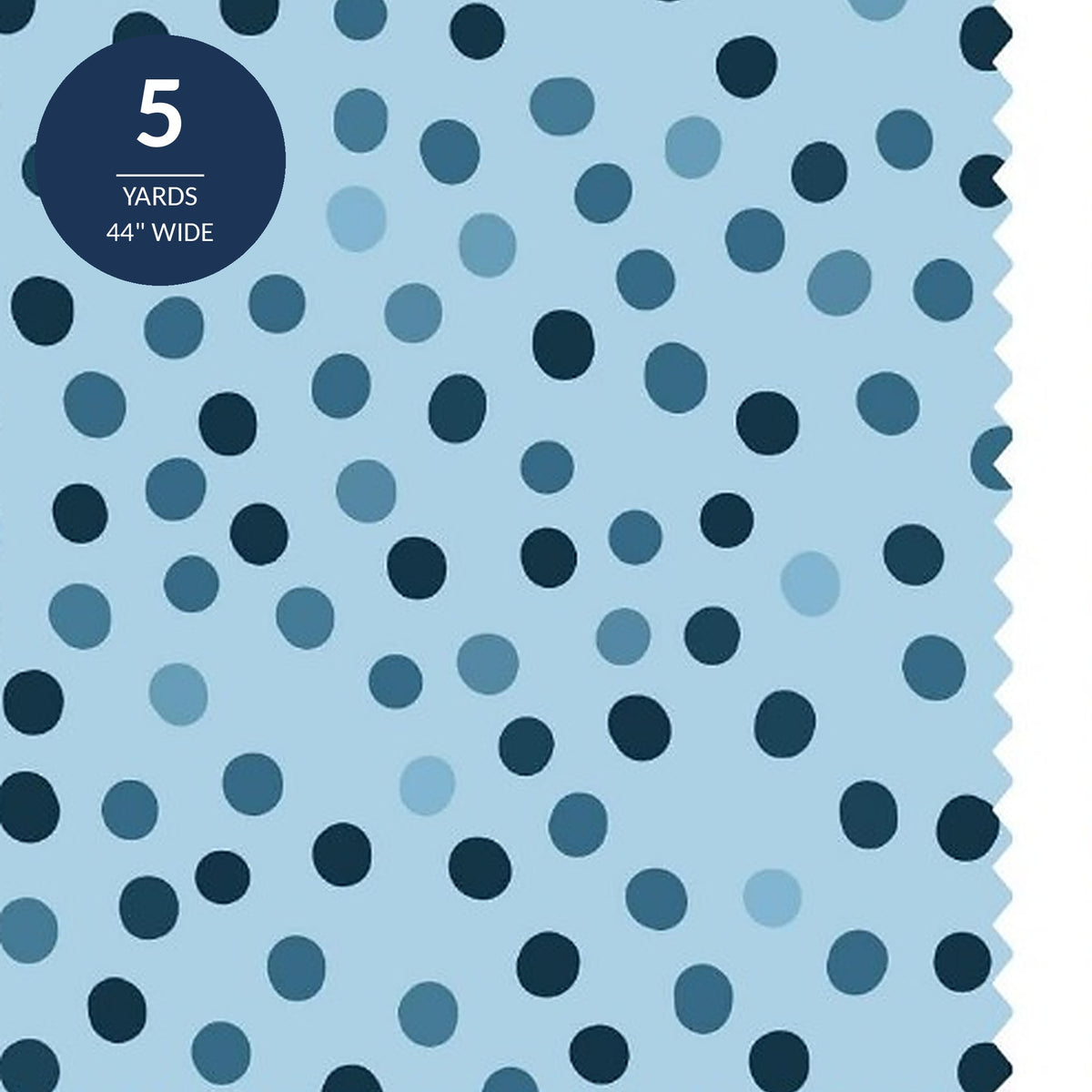 Blue Dot Cotton Fabric by the Yard 44'' Wide 5 Yard Cut Windfall Wilderness Delights Collection - close up of the navy and mid blue dots scattered on light blue cotton with a 5 yards 44 inch wide seal - photo 1 of 2 - The Fabric Hut