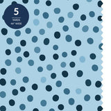 Blue Dot Cotton Fabric by the Yard 44'' Wide 5 Yard Cut Windfall Wilderness Delights Collection - close up of the navy and mid blue dots scattered on light blue cotton with a 5 yards 44 inch wide seal - photo 1 of 2 - The Fabric Hut